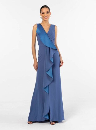 Unlined - Blue - V neck Collar - Evening Dresses - By Saygı