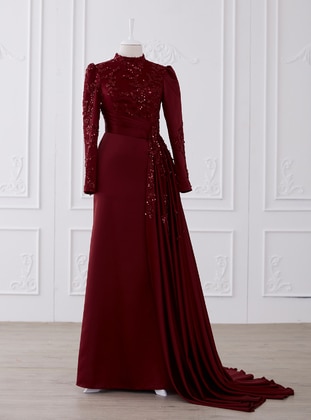 Maroon - Fully Lined - Crew neck - Modest Evening Dress - Lavienza