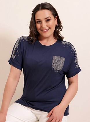 Navy Blue - Viscose - Plus Size T-Shirts - By Saygı