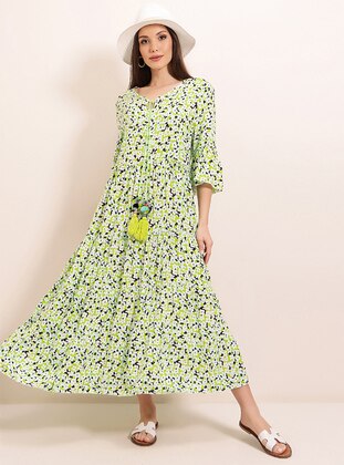 Light Green - Floral - Crew neck - Viscose - Modest Dress - By Saygı