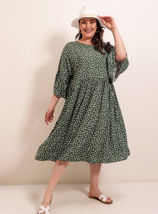 Green - Floral - Unlined - Crew neck - Plus Size Dress - By Saygı