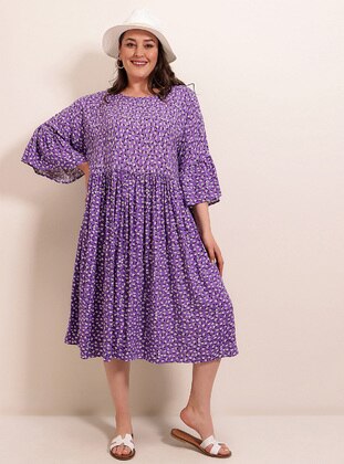 Purple - Floral - Unlined - Crew neck - Plus Size Dress - By Saygı