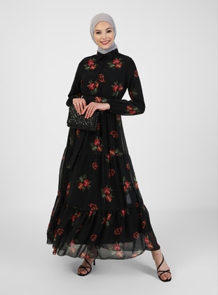 Black - Floral - Point Collar - Fully Lined - Modest Dress - BÜRÜN
