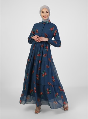 Indigo - Floral - Point Collar - Fully Lined - Modest Dress - BÜRÜN