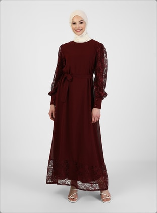 Lace Detailed Modest Dress Burgundy