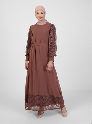 Sleeves Lace Detailed Modest Dress Rose