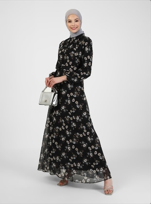Black - Floral - Crew neck - Fully Lined - Modest Dress - BÜRÜN