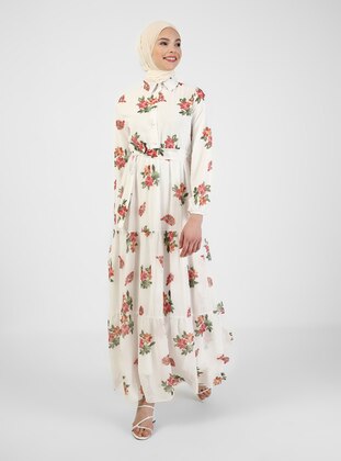 Ecru - Floral - Point Collar - Fully Lined - Modest Dress - BÜRÜN