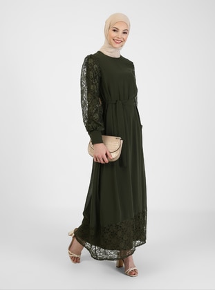 Sleeves Lace Detailed Modest Dress Khaki