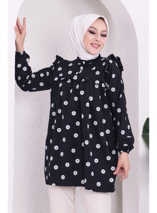 Daisy Patterned High Collar Hijab Tunic/Black