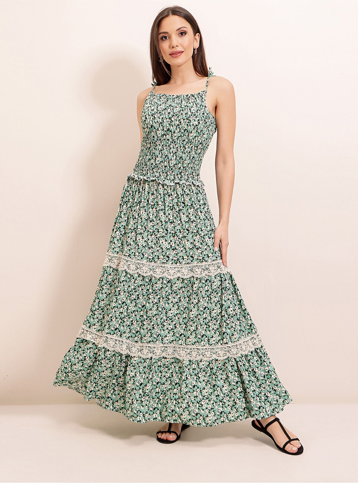 Mint - Floral - Crew neck - Unlined - Viscose - Modest Dress
