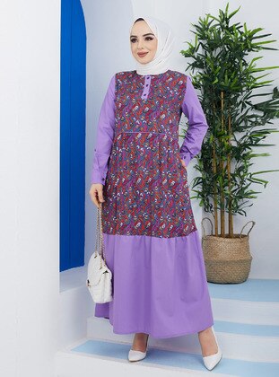 Purple - Multi - Crew neck - Unlined - Cotton - Modest Dress - SAHRA AFRA