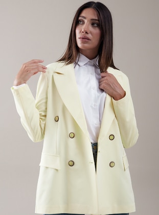 Yellow - Fully Lined - Shawl Collar - Cotton - Jacket  - Sahra Afra