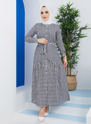 Black - Checkered - Point Collar - Unlined - Cotton - Modest Dress - SAHRA AFRA