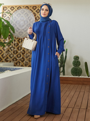Front Button Detailed Abaya Sax Blue