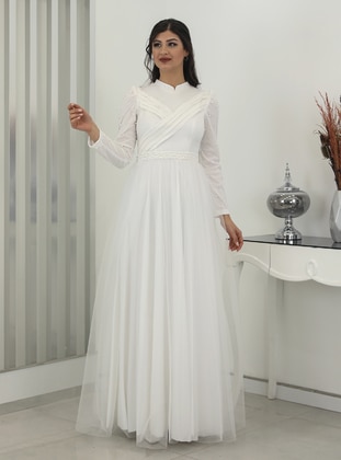 White - Fully Lined - Crew neck - Modest Evening Dress - Rana Zenn