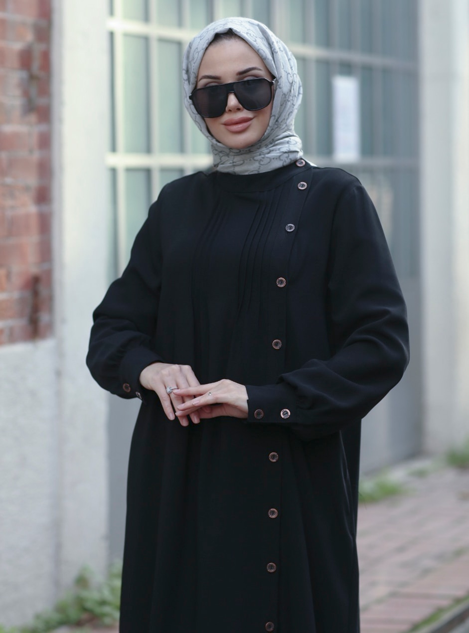 Front Button Detailed Abaya Black