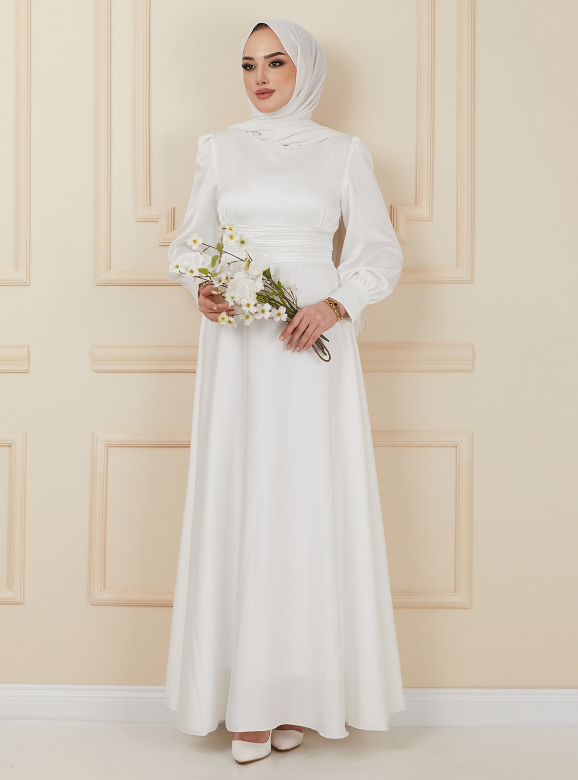 Belt Detailed Satin Nikah Hijab Evening Gowns With Pleated Detail Ecru