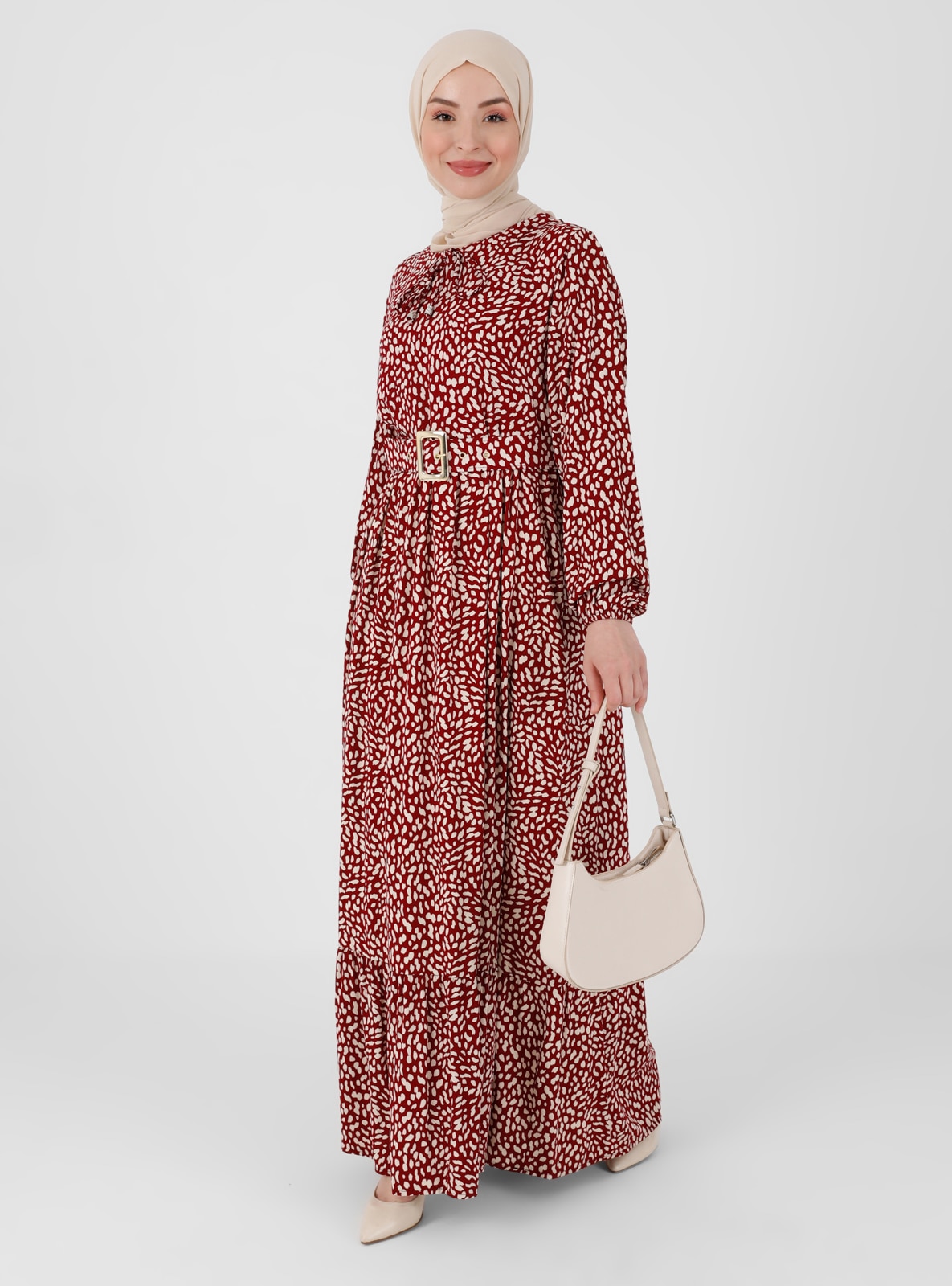 Maroon Multi Crew neck Unlined Modest Dress