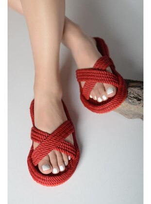 Red - Flat Slippers - Slippers - Çaçaroz