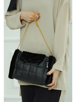 Faux Leather Plush Shoulder Bag, Black,Ce 9