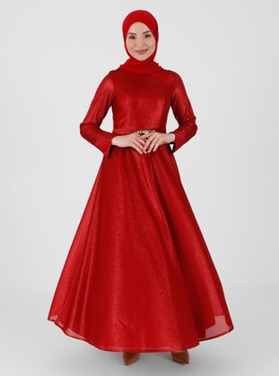 Red - Fully Lined - Crew neck - Modest Evening Dress - Mileny