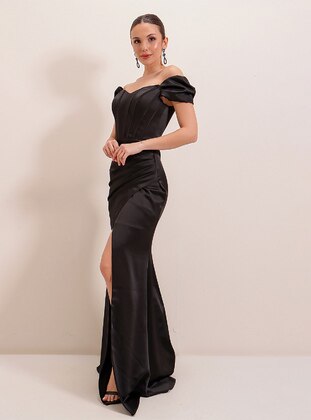 Black - Boat neck - Evening Dresses - By Saygı
