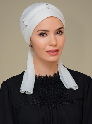 Sandy Fabric Belt Detailed Stone Practical Instant Fitted Hijab Undercap Cream-Beige Instant Scarf