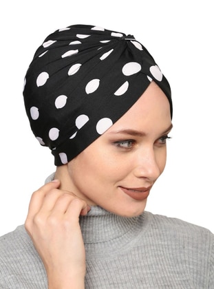 Sandy Fabric Polka Dot Patterned Drawstring Practical Ready Made Snap Fastened Undercap Black And White Instant Scarf