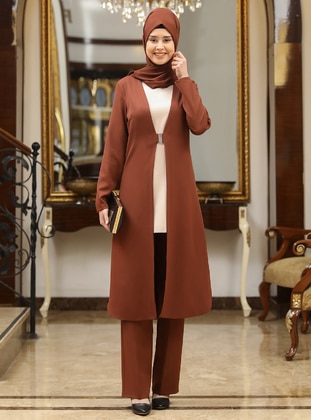 Nergis Two Piece Hijab Evening Dresses Brown