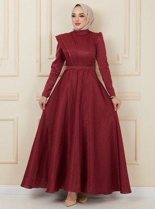 Maroon - Fully Lined - Crew neck - Modest Evening Dress - Olcay