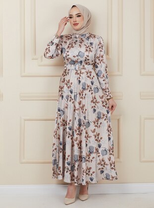 Beige - Multi - Crew neck - Fully Lined - Satin - Modest Dress - Olcay