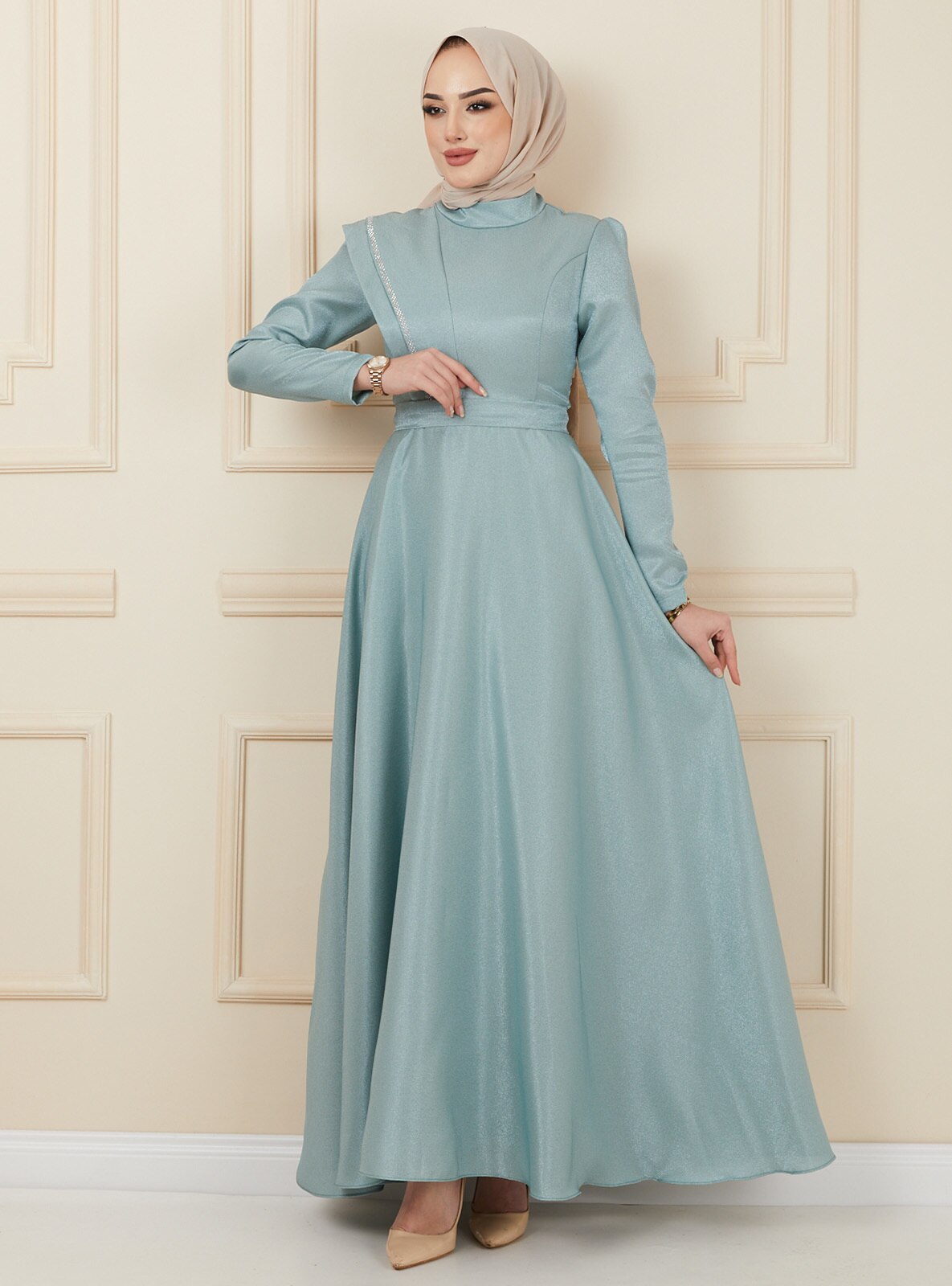 Hijab - stil 2022 Z-omuzu-pile-ve-tas-detayli-krep-saten-abiye-elbise--mint--olcay-8291249-2