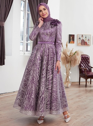 Lilac - Multi - Fully Lined - Crew neck - Modest Evening Dress - Moda Sinanlar