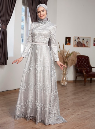 Silver tone - Multi - Fully Lined - Crew neck - Modest Evening Dress - Moda Sinanlar
