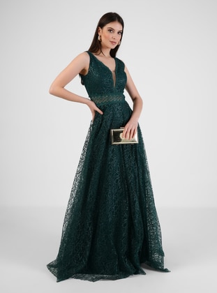 Fully Lined - Emerald - V neck Collar - Evening Dresses  - Meksila