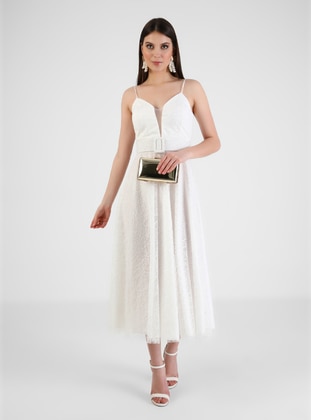 Fully Lined - White - V neck Collar - Evening Dresses  - Meksila