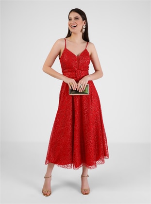 Fully Lined - Red - V neck Collar - Evening Dresses - MEKSİLA