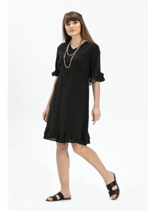 Black - Cotton - V neck Collar - Modest Dress - ELİŞ ŞİLE BEZİ