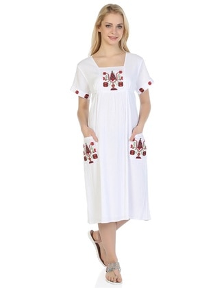 White - Cotton - Sweatheart Neckline - Modest Dress - ELİŞ ŞİLE BEZİ
