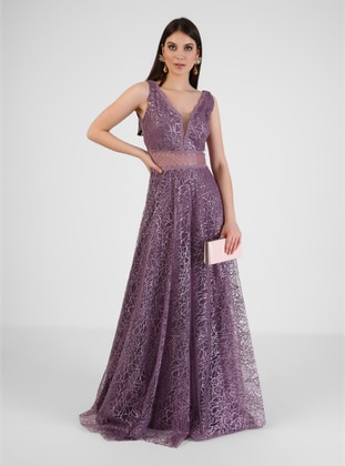 Fully Lined - Purple - V neck Collar - Evening Dresses  - Meksila