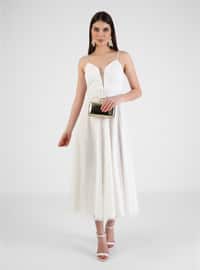 Fully Lined - White - V neck Collar - Evening Dresses