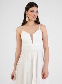 Fully Lined - White - V neck Collar - Evening Dresses