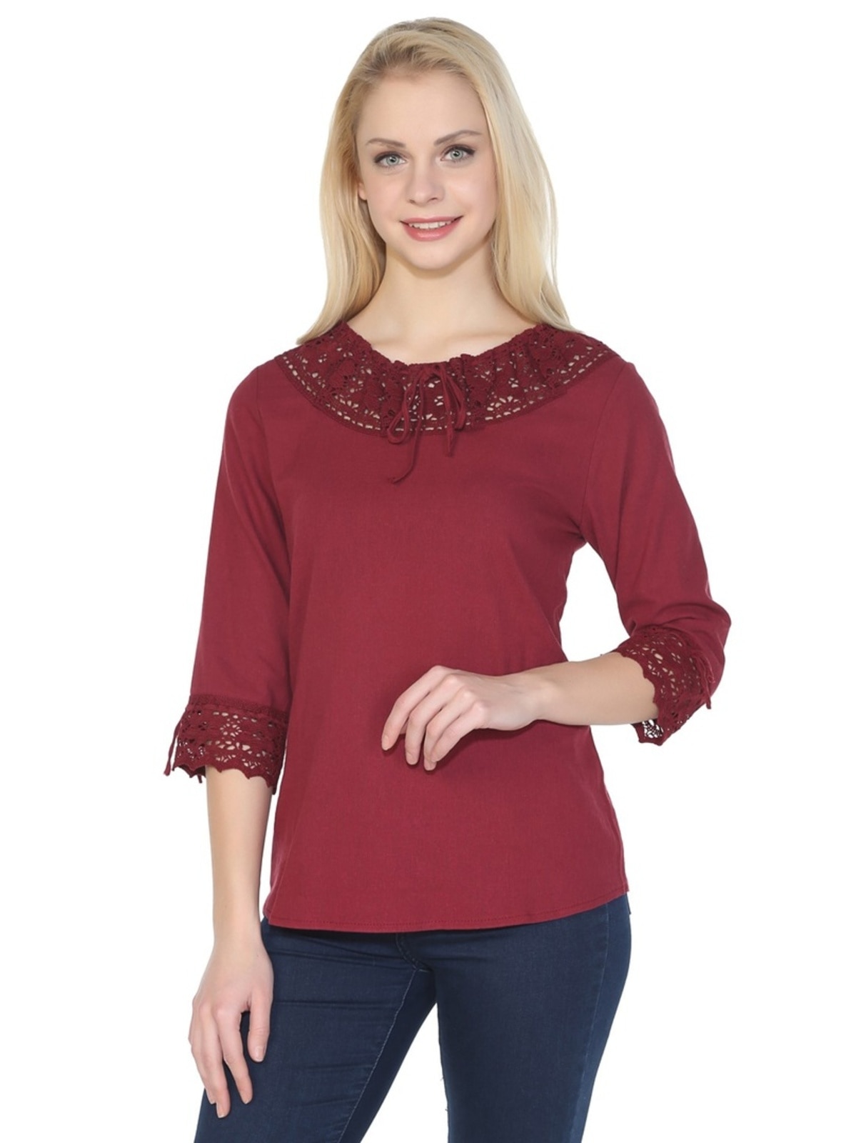 Maroon - Cotton - Crew neck - Blouses