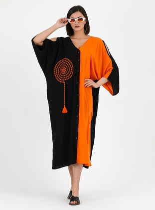 Orange - Multi - V neck Collar - Viscose - Modest Dress - By Saygı