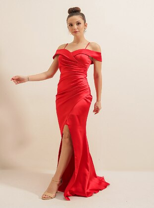 Fully Lined - Red - Boat neck - Evening Dresses - By Saygı