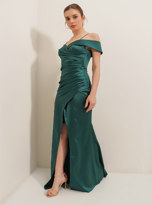 Fully Lined - Emerald - Boat neck - Evening Dresses - By Saygı