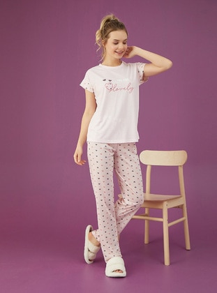 Pink - Crew neck - Multi - Pyjama Set - Tampap