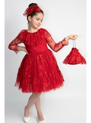 Red - Girls' Evening Dress - Minik Dolap