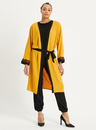 Unlined - Mustard - V neck Collar - Kimono - XANZAD